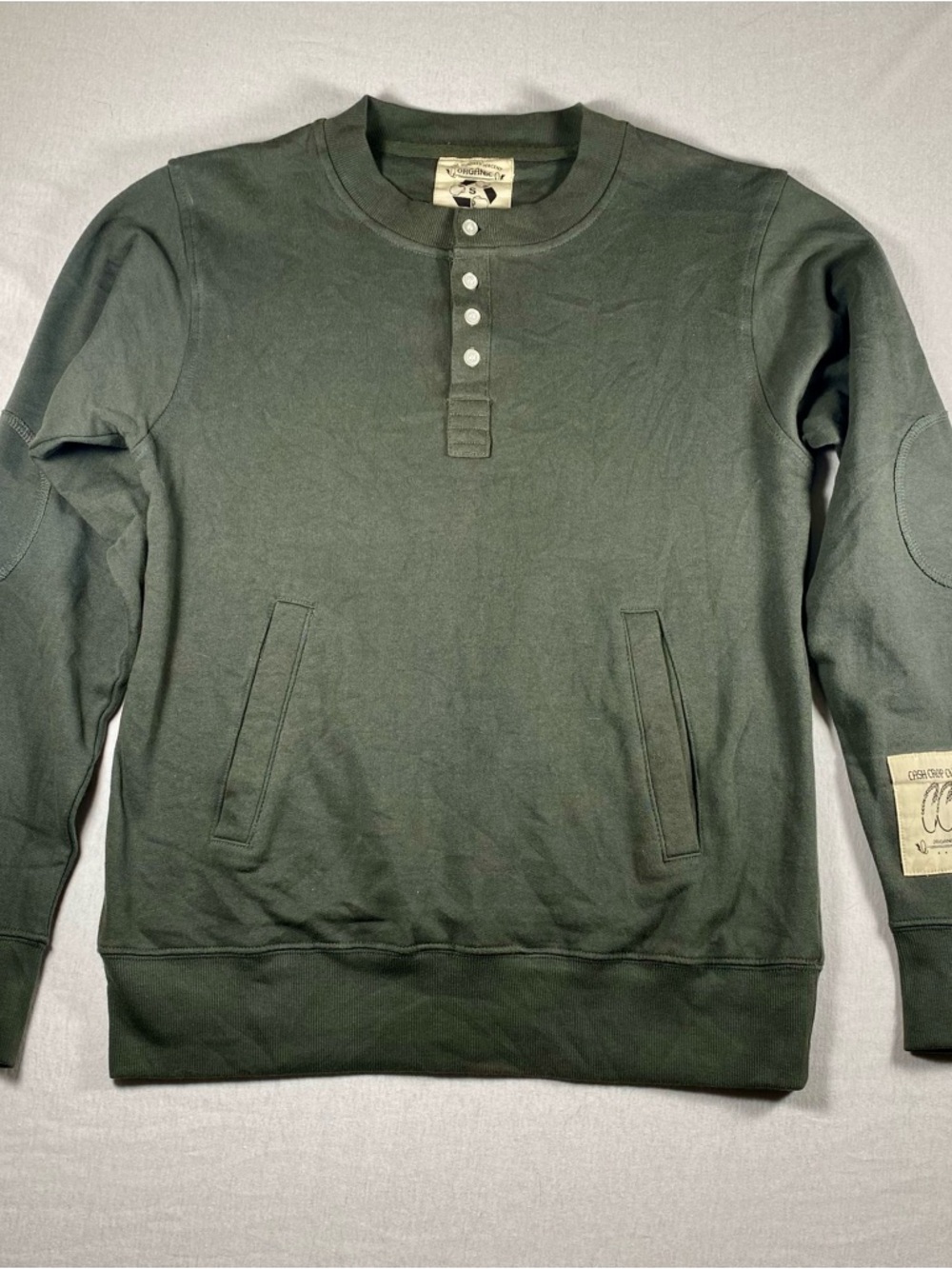 Cash Crop Clth Men’s S Green Heavy Weight Henley Sweater Pockets Elbow Pads